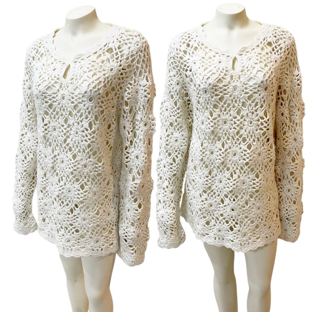 Express Handknit Crochet Boho Cream Ivory Pullover Sweater Large